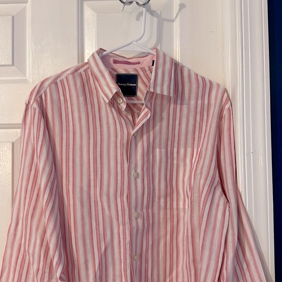 Men’s Tommy Bahama Pink and White 100% Linen Striped Button Down Shirt Size M - Picture 3 of 7